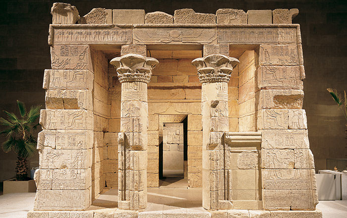 The Temple of Dendur, Roman Period, reign of Augustus Caesar, ca. 15 B.C. Egypt, Nubia, Dendur, west bank of the Nile River, 50 miles south of Aswan. Aeolian Sandstone; L. from gate to rear of temple 24 m 60 cm (82 ft.). Given to the United States by Egypt in 1965, awarded to The Metropolitan Museum of Art in 1967, and installed in The Sackler Wing in 1978 (68.154)