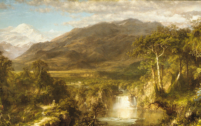 A landscape with a large snow-covered mountain in the distant background, large rocky mountains in the near background, open plains in the middle ground and a lush forest with a raging river and waterfall in the foreground