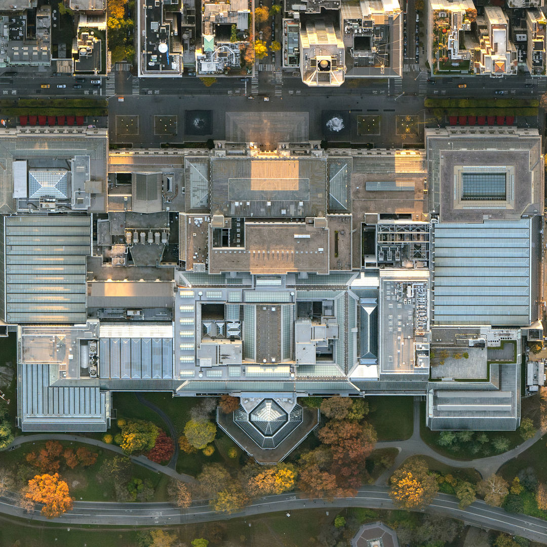 Aerial view of The Metropolitan Museum of Art in 2023, with Fifth Avenue at top and the existing modern and contemporary wing, which will be transformed, at bottom right.